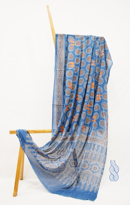 Fine Cotton Indigo Block printed Dupatta with Embroidery