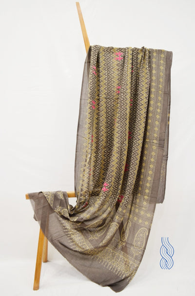 Fine Cotton Block printed Brown Dupatta with Embroidery