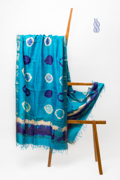 Blue & purple Tussar Silk Tie & Dye Circles Dupatta
