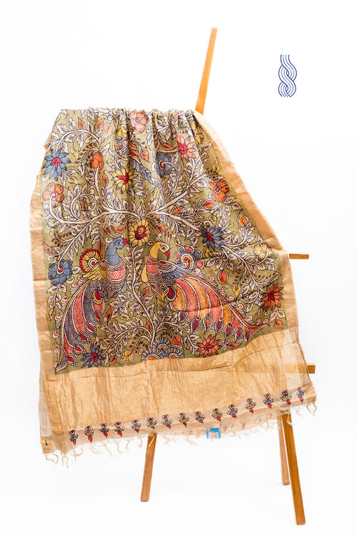 Kalamkari handpainted Pure Tussar Silk Double Peacock wide zari Dupatta
