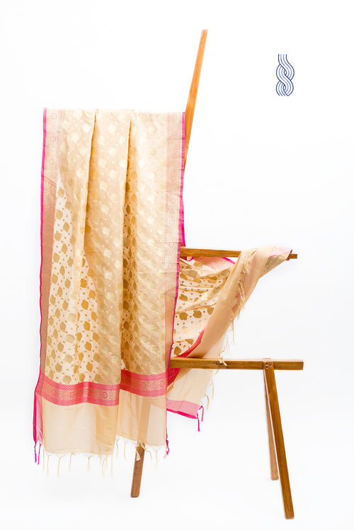 Benarsi Art Silk Off white & pink Zari Dupatta